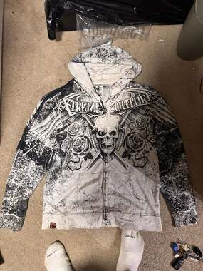 Xtreme Couture by Affliction Men's Skull and Roses Faded Zip-Up Hoodie